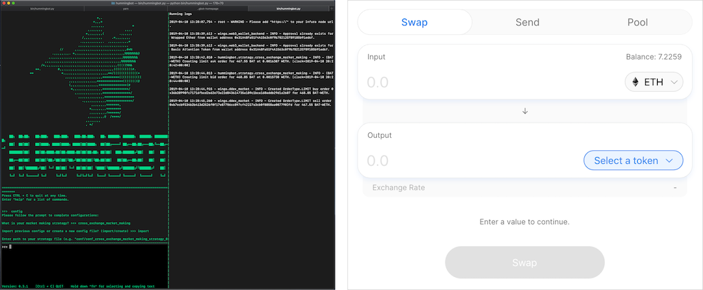 User interfaces: Hummingbot (left) vs Uniswap (right)